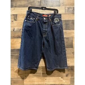 Ed Hardy Men’s Jean Shorts –Blue-Size 34-Skull, Flames & Swords Stitch